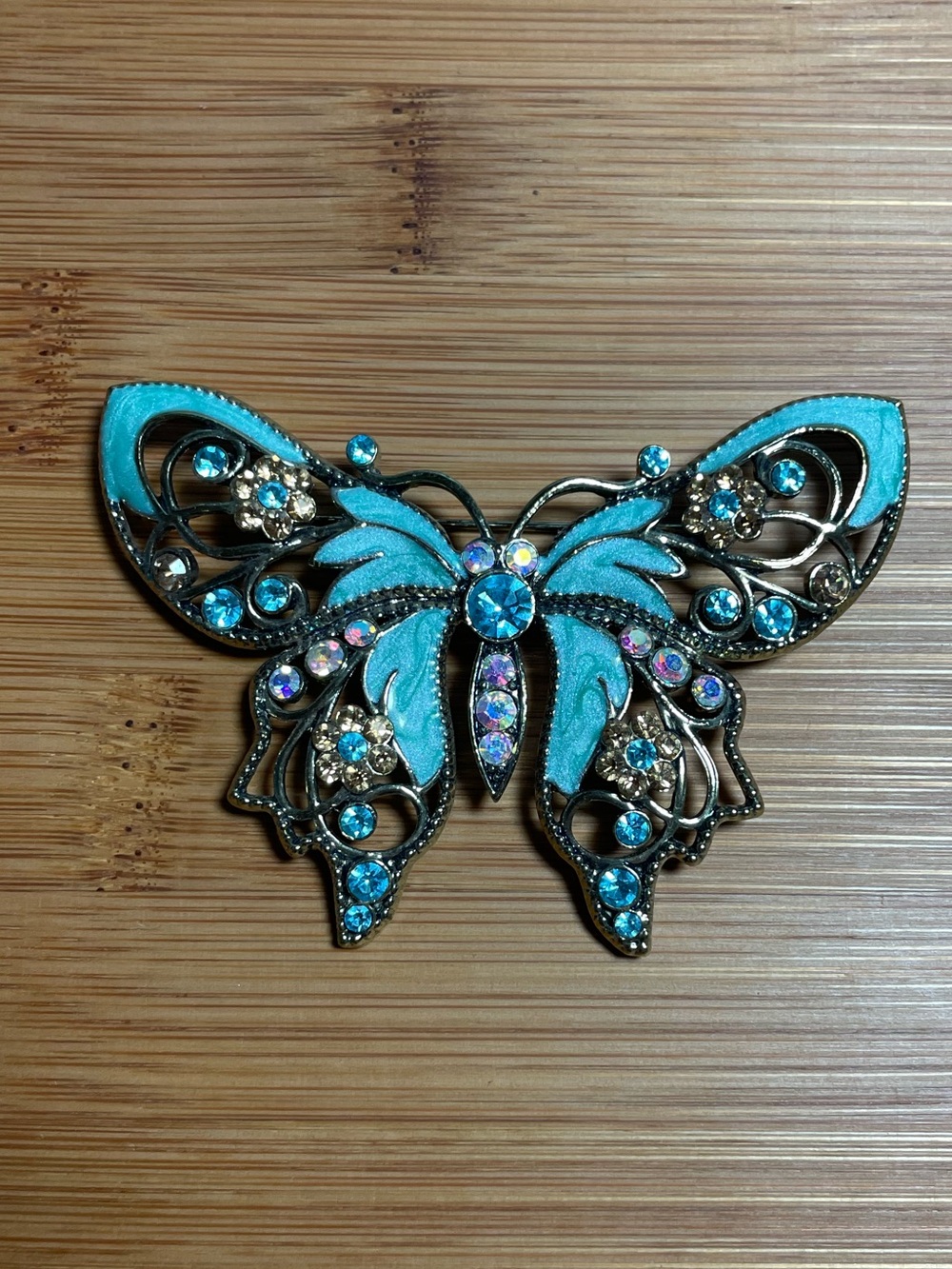 Vintage Avon Turquoise Blue Butterfly Brooch with Aurora Borealis Crystals